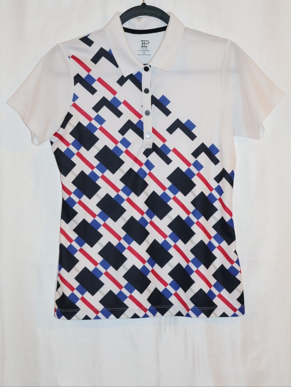 EP New York Geometric-Print Button-Down Golf Polo in White, Blue, Black, & Red.